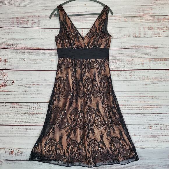 Deep V Sleeveless Black Lace Fairygrunge Dress Size 8 Lined Glam Witchy Sequin - Picture 1 of 15